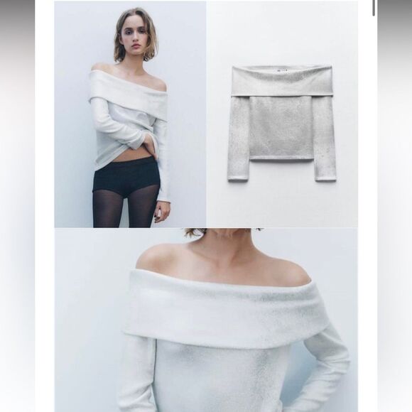 Zara metallic Elegant Off-Shoulder Sweater - Picture 1 of 12